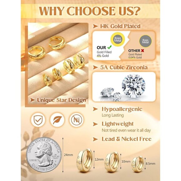 3Pairs 14K Gold Huggie for Multiple Piercing Hypoallergenic Hoop Earrings Set - Picture 3 of 8